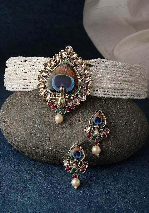 Gold Plated Peacock Shaped Stone Studded And Pearl Beaded Choker Jewellery Set