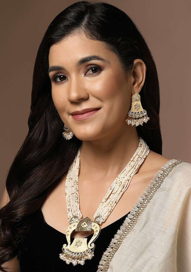 Gold Plated Stone Studded And Pearl Beaded Jewellery Set - Indya