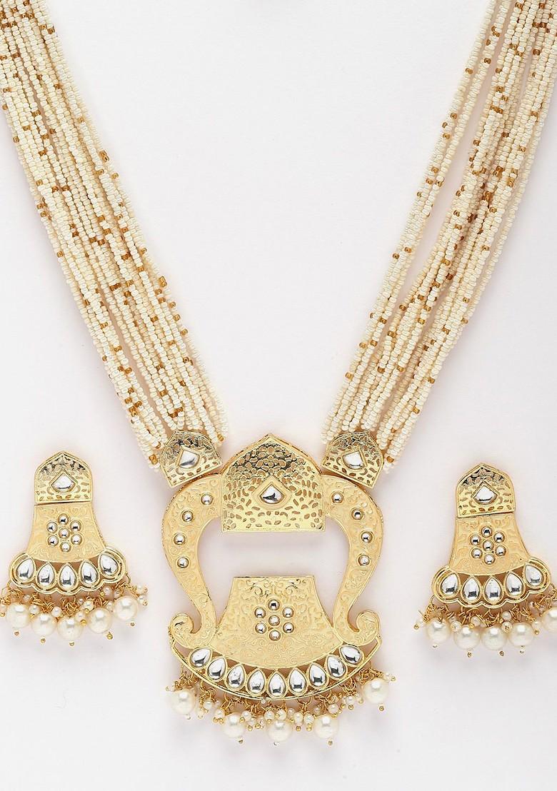 Gold Plated Stone Studded And Pearl Beaded Jewellery Set