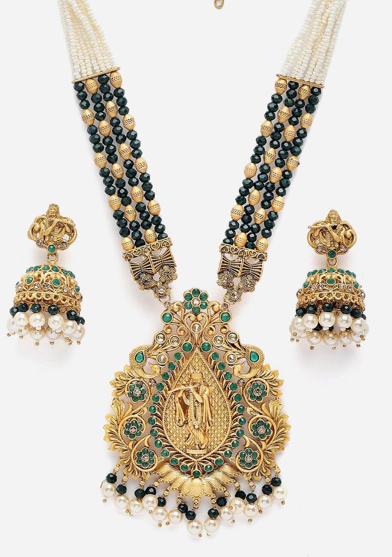 Gold Plated Stone Studded And Beaded Jewellery Set