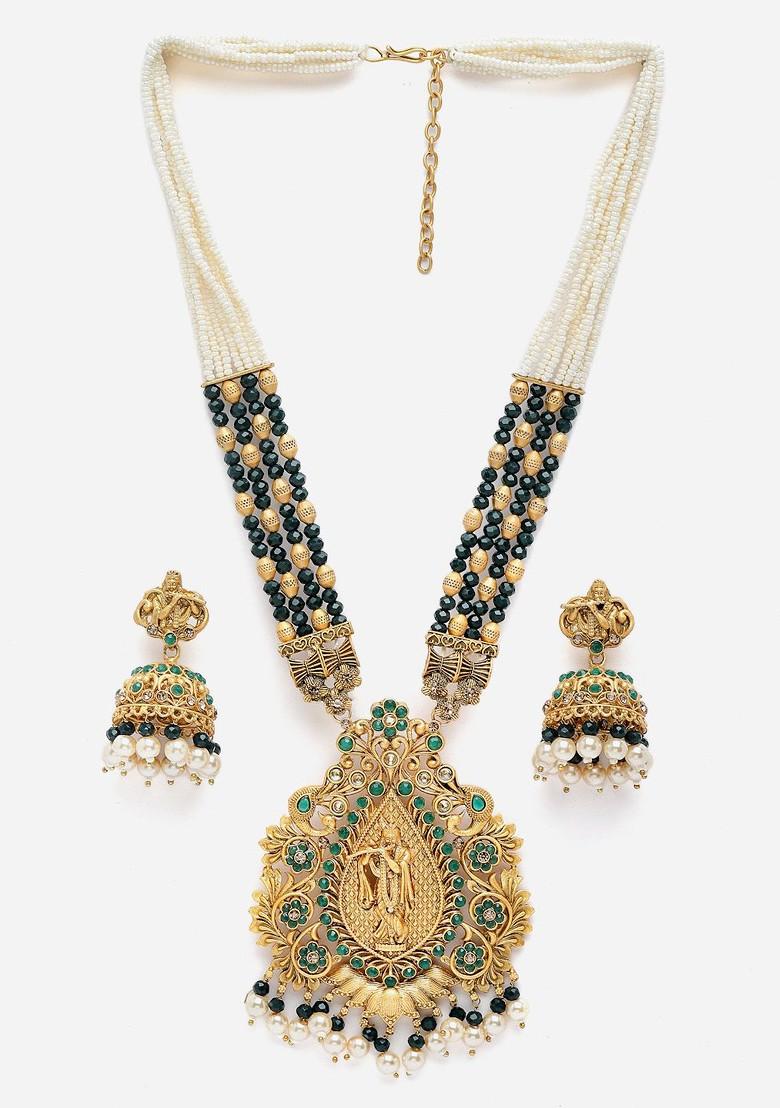 Gold Plated Stone Studded And Beaded Jewellery Set