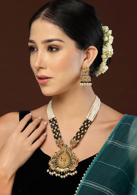 Gold Plated Stone Studded And Beaded Jewellery Set