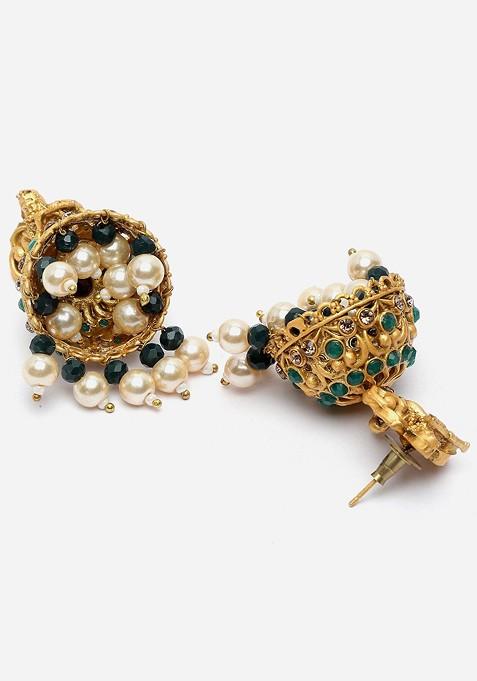 Gold Plated Stone Studded And Beaded Jewellery Set