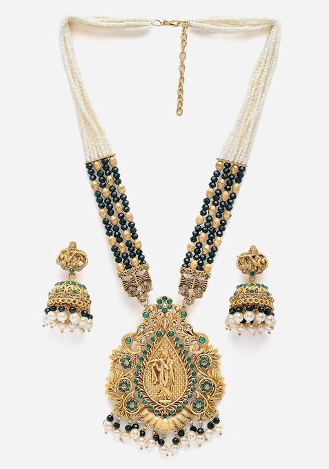 Gold Plated Stone Studded And Beaded Jewellery Set