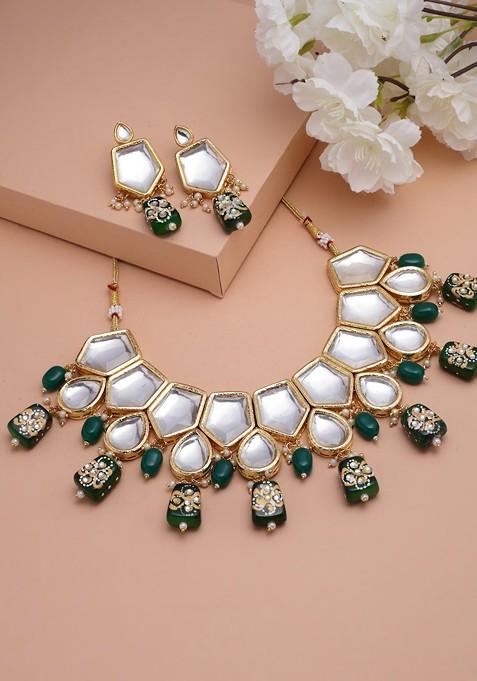 Gold Plated Kundan Studded And Beaded Necklace And Earrings