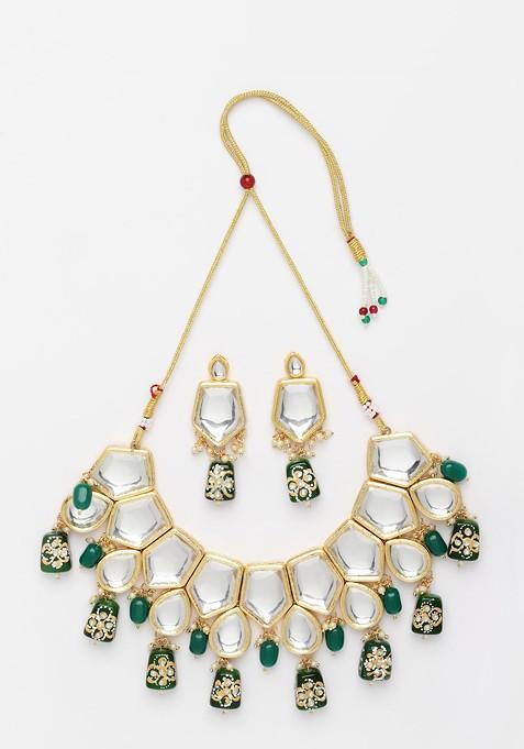 Gold Plated Kundan Studded And Beaded Necklace And Earrings