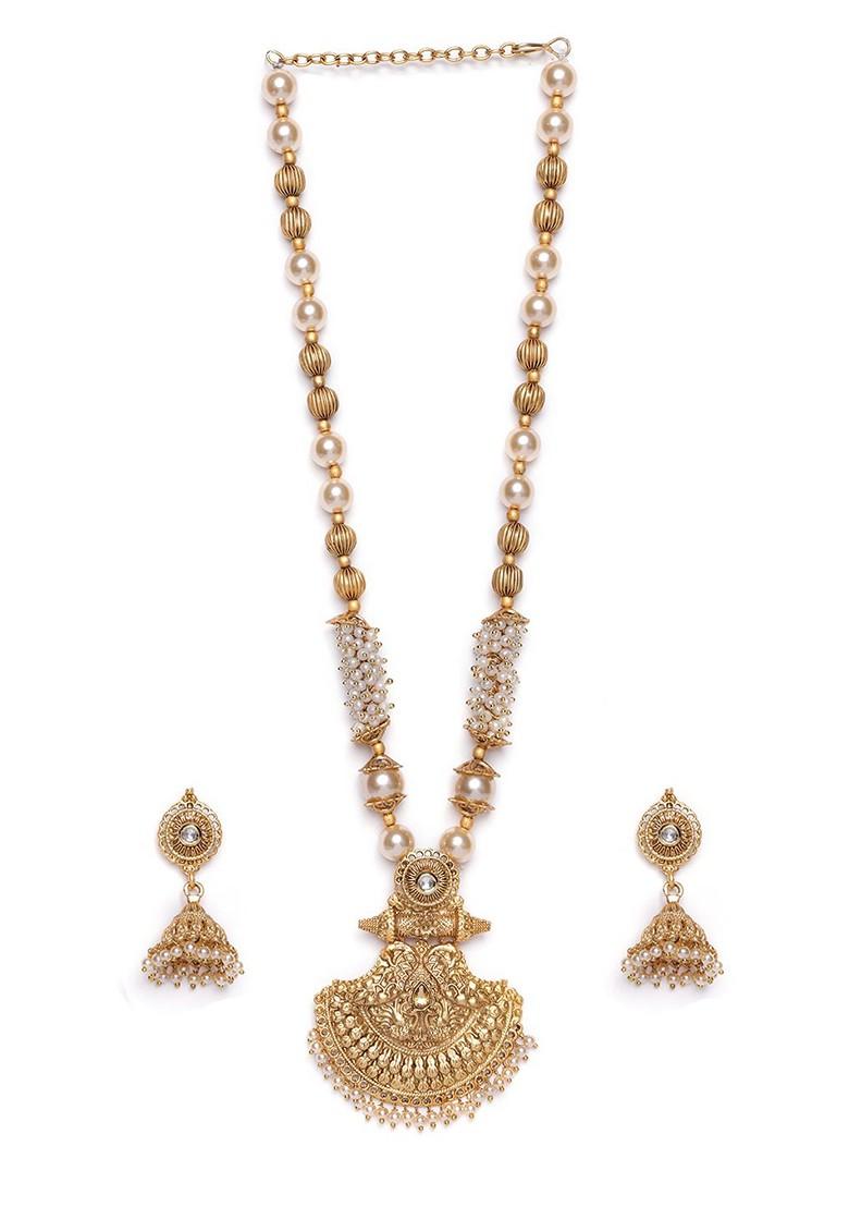 Gold Plated Stones Studded And Beaded Necklace And Earrings