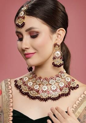 Gold Plated Kundan Studded And Beaded Necklace And Earrings With Maang Tika