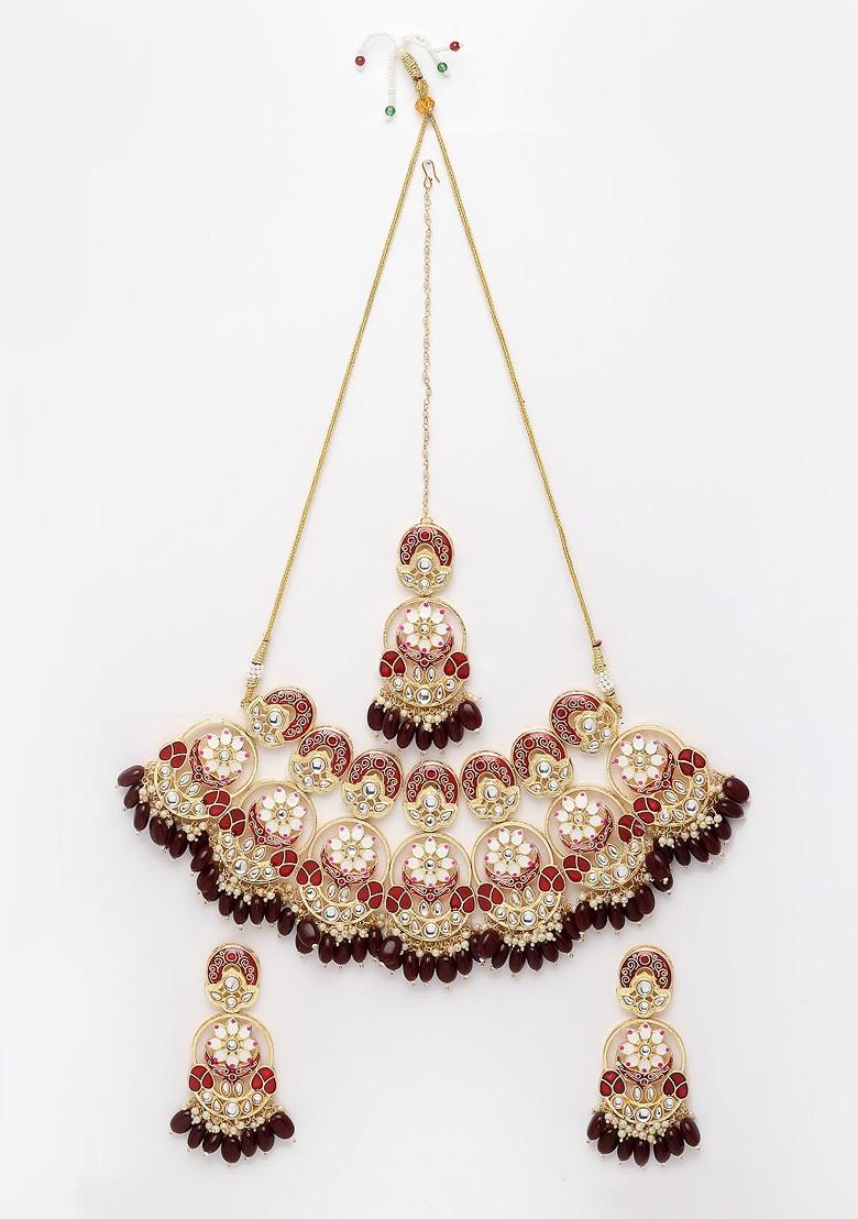 Gold Plated Kundan Studded And Beaded Necklace And Earrings With Maang Tika