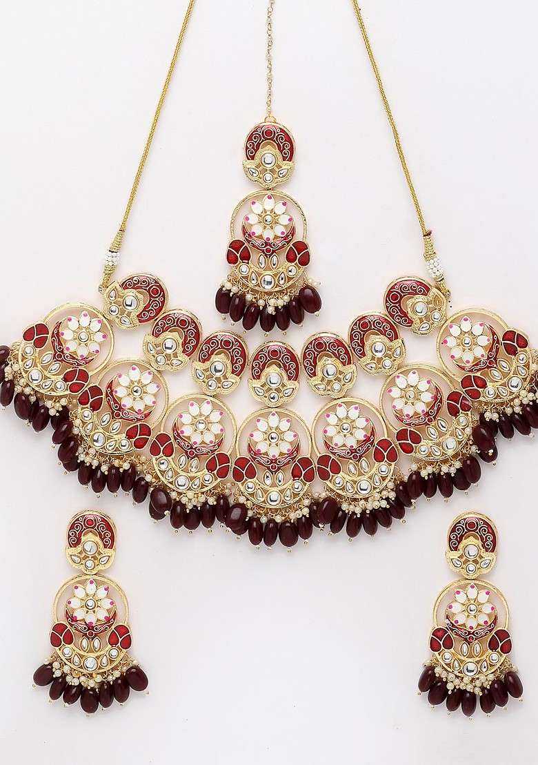 Gold Plated Kundan Studded And Beaded Necklace And Earrings With Maang Tika - Indya