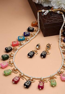 Gold Plated Stones Studded And Beaded Necklace And Earrings