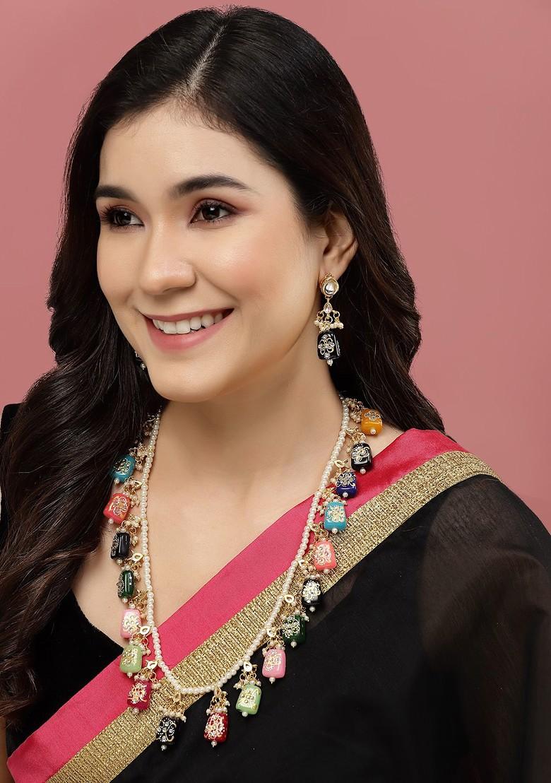 Gold Plated Stones Studded And Beaded Necklace And Earrings