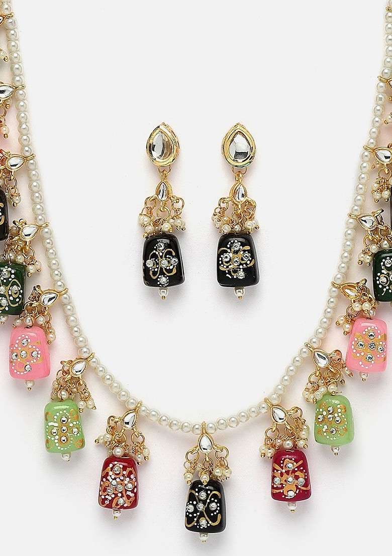 Gold Plated Stones Studded And Beaded Necklace And Earrings - Indya