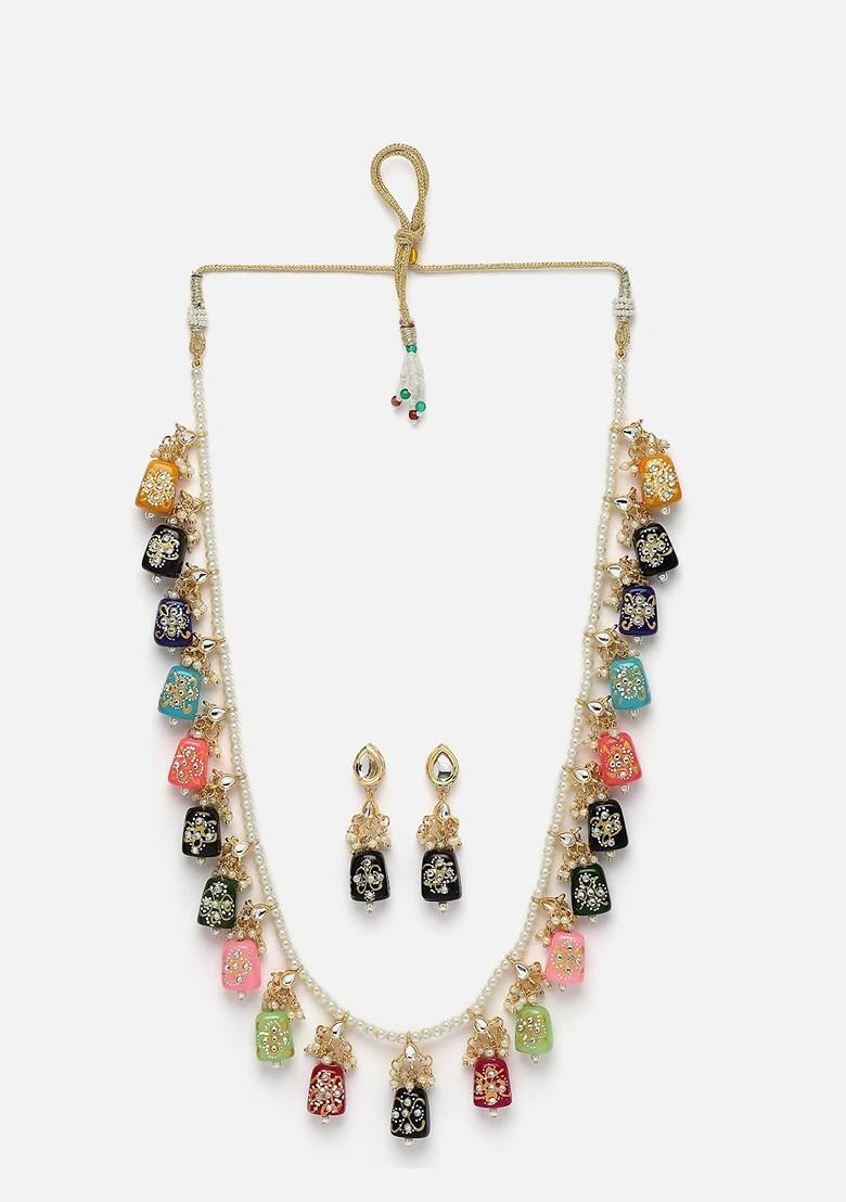 Gold Plated Stones Studded And Beaded Necklace And Earrings
