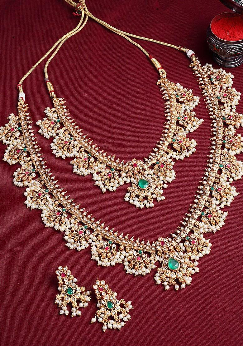 Set Of 2 Gold Plated Stones Studded And Beaded Necklace And Earrings
