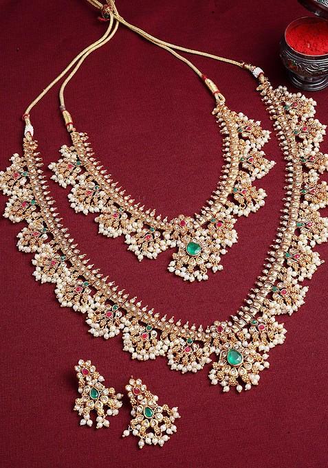 Set Of 2 Gold Plated Stones Studded And Beaded Necklace And Earrings