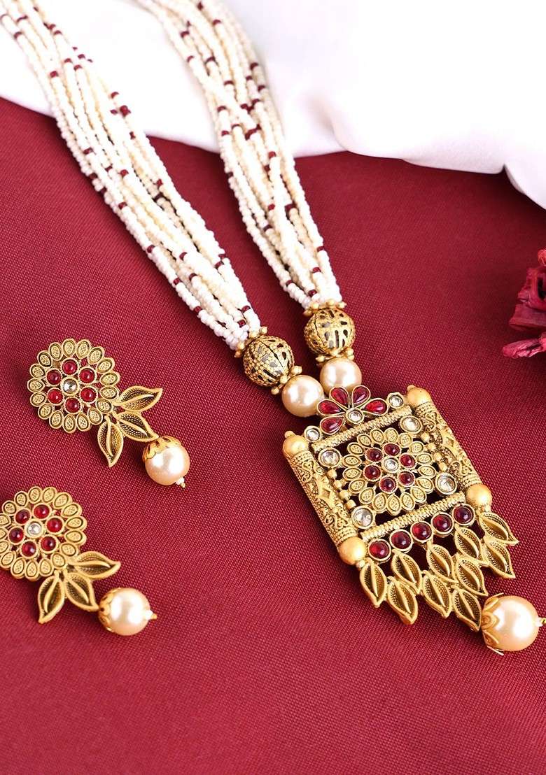 Gold Plated Beaded And Stone Studded Floral Jewellery Set - Indya