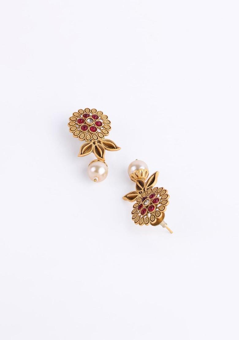 Gold Plated Beaded And Stone Studded Floral Jewellery Set