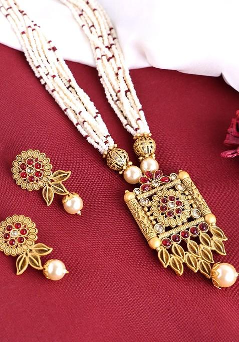 Gold Plated Beaded And Stone Studded Floral Jewellery Set