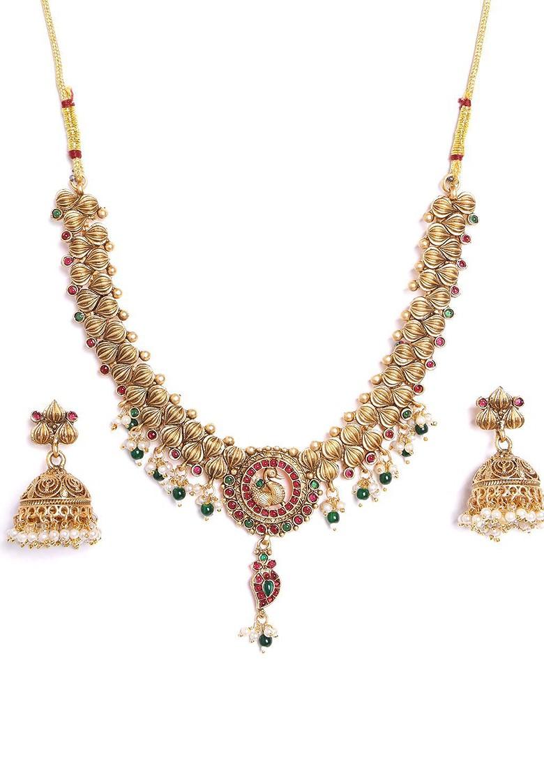 Gold Plated Peacock Shaped Stone Studded And Beaded Jewellery Set