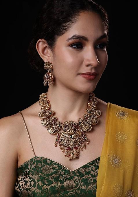 Gold Plated Stone Studded Temple Jewellery Set