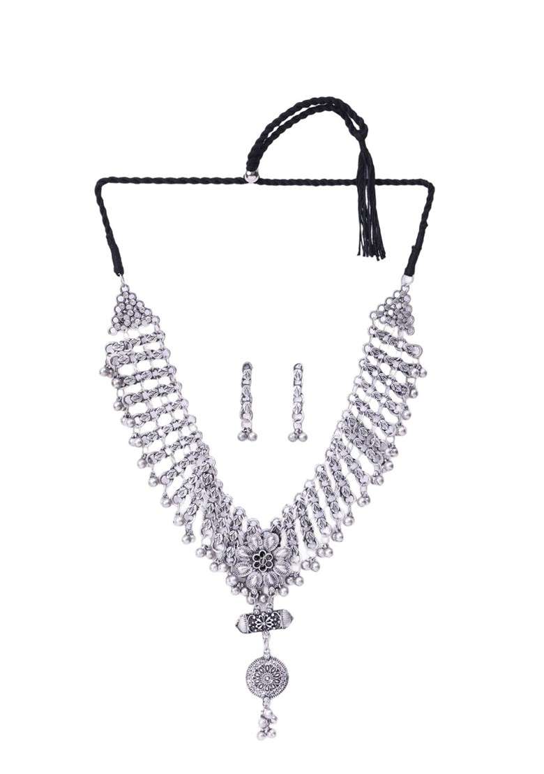 Silver Oxidized Silver Plated Floral Necklace Set With Pendant And Matching Earrings - Indya
