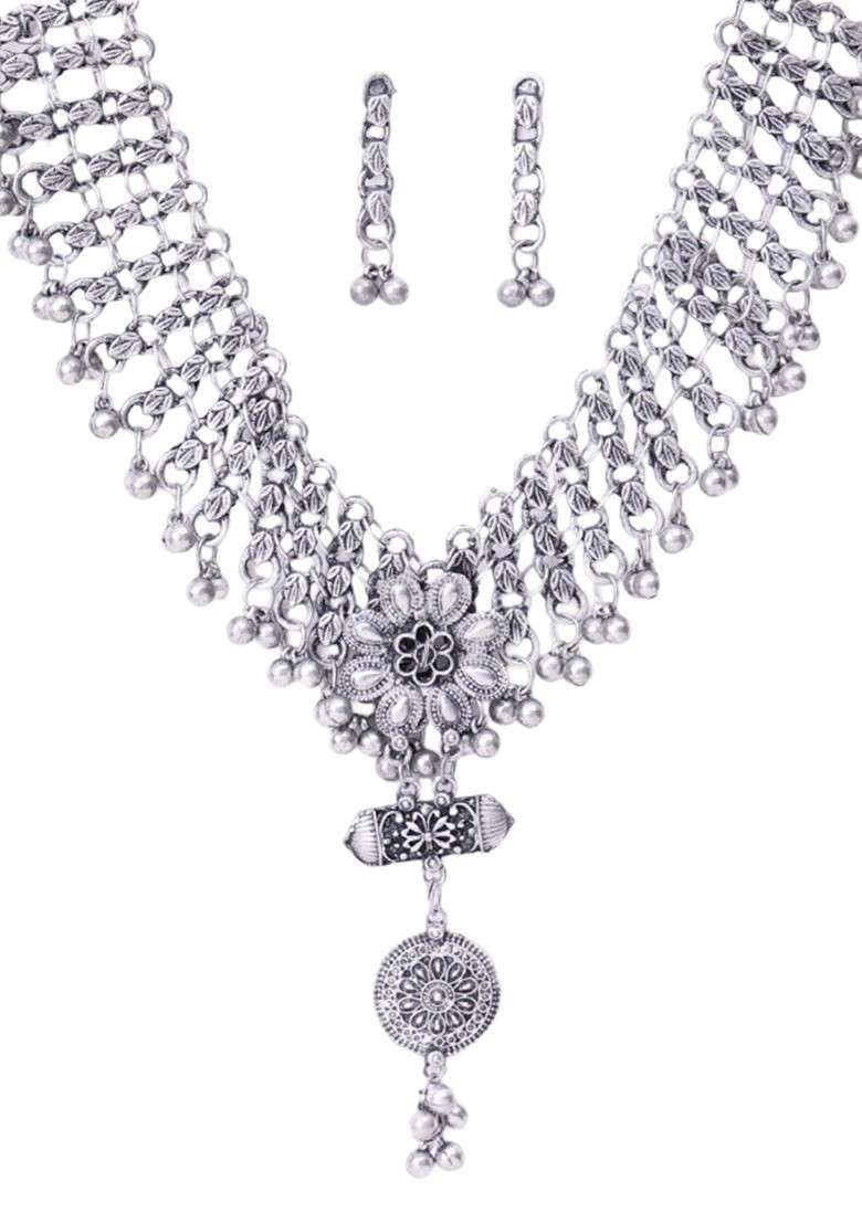 Silver Oxidized Silver Plated Floral Necklace Set With Pendant And Matching Earrings - Indya