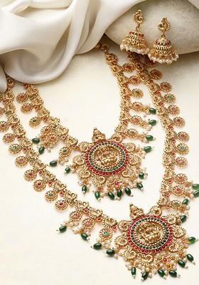 Gold Plated Stone Studded And Beaded Temple Jewellery Set