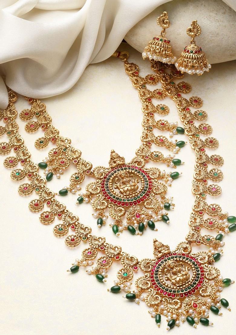 Gold Plated Stone Studded And Beaded Temple Jewellery Set