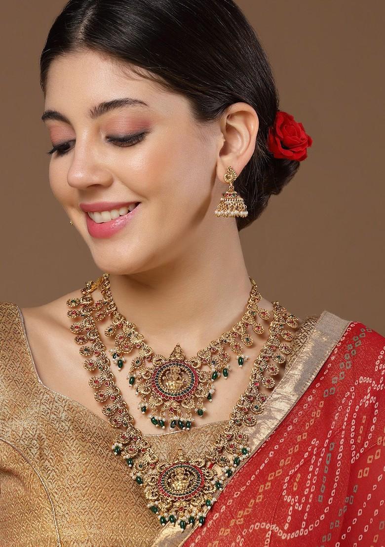 Gold Plated Stone Studded And Beaded Temple Jewellery Set