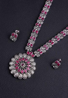 Silver Silver Plated Cubic Zirconia Studded Oxidized Jewellery Set