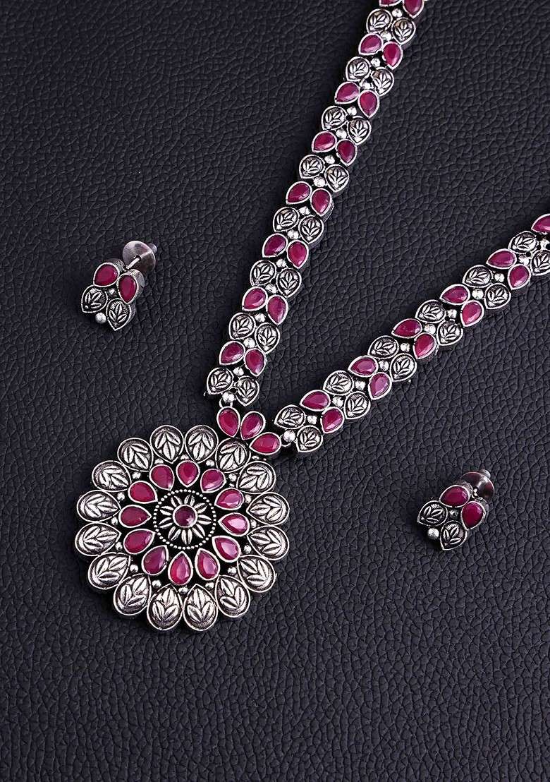 Silver Silver Plated Cubic Zirconia Studded Oxidized Jewellery Set - Indya