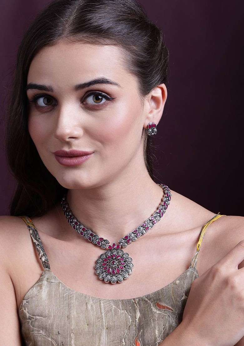 Silver Silver Plated Cubic Zirconia Studded Oxidized Jewellery Set - Indya