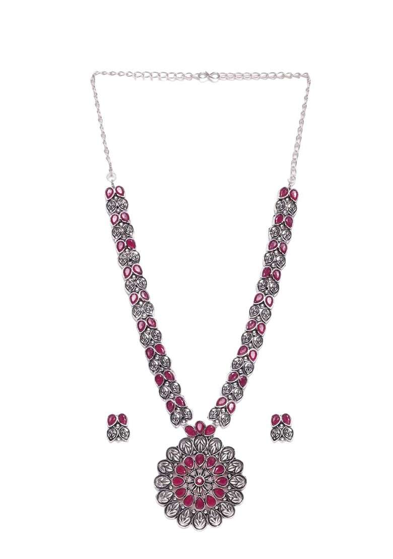 Silver Silver Plated Cubic Zirconia Studded Oxidized Jewellery Set - Indya