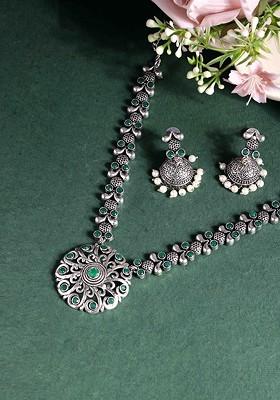Silver Sliver Plated Cubic Zirconia Studded Oxidised Jewellery Set