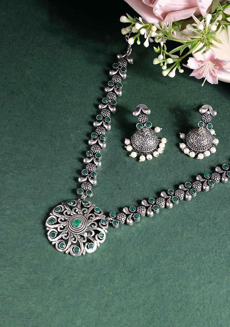 Silver Sliver Plated Cubic Zirconia Studded Oxidised Jewellery Set - Indya
