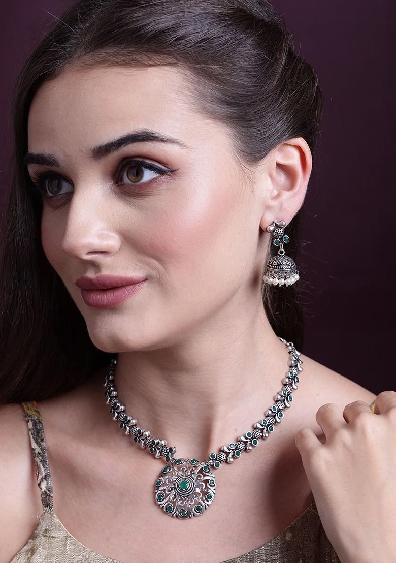 Silver Sliver Plated Cubic Zirconia Studded Oxidised Jewellery Set