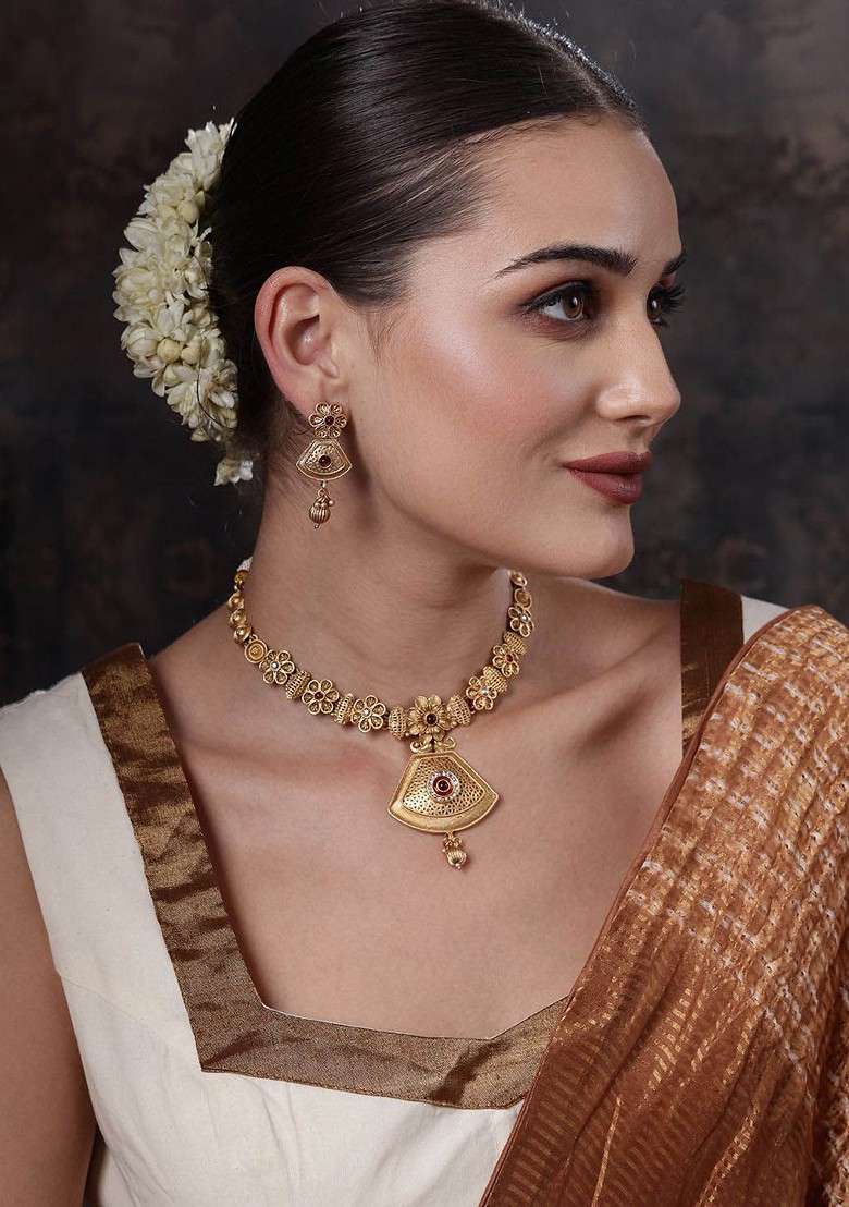 Gold Plated Stones Studded And Beaded Necklace And Earrings - Indya