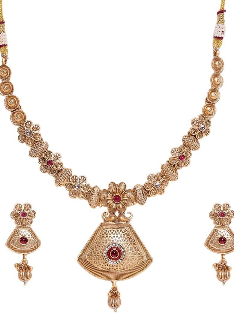 Gold Plated Stones Studded And Beaded Necklace And Earrings