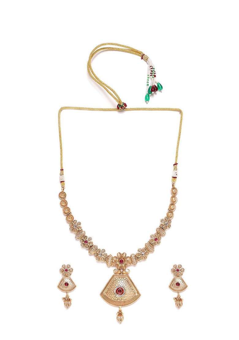 Gold Plated Stones Studded And Beaded Necklace And Earrings - Indya