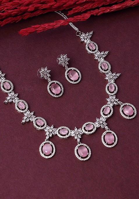 Silver Rhodium Plated Necklace Set With American Diamond And Pink Stone Accents