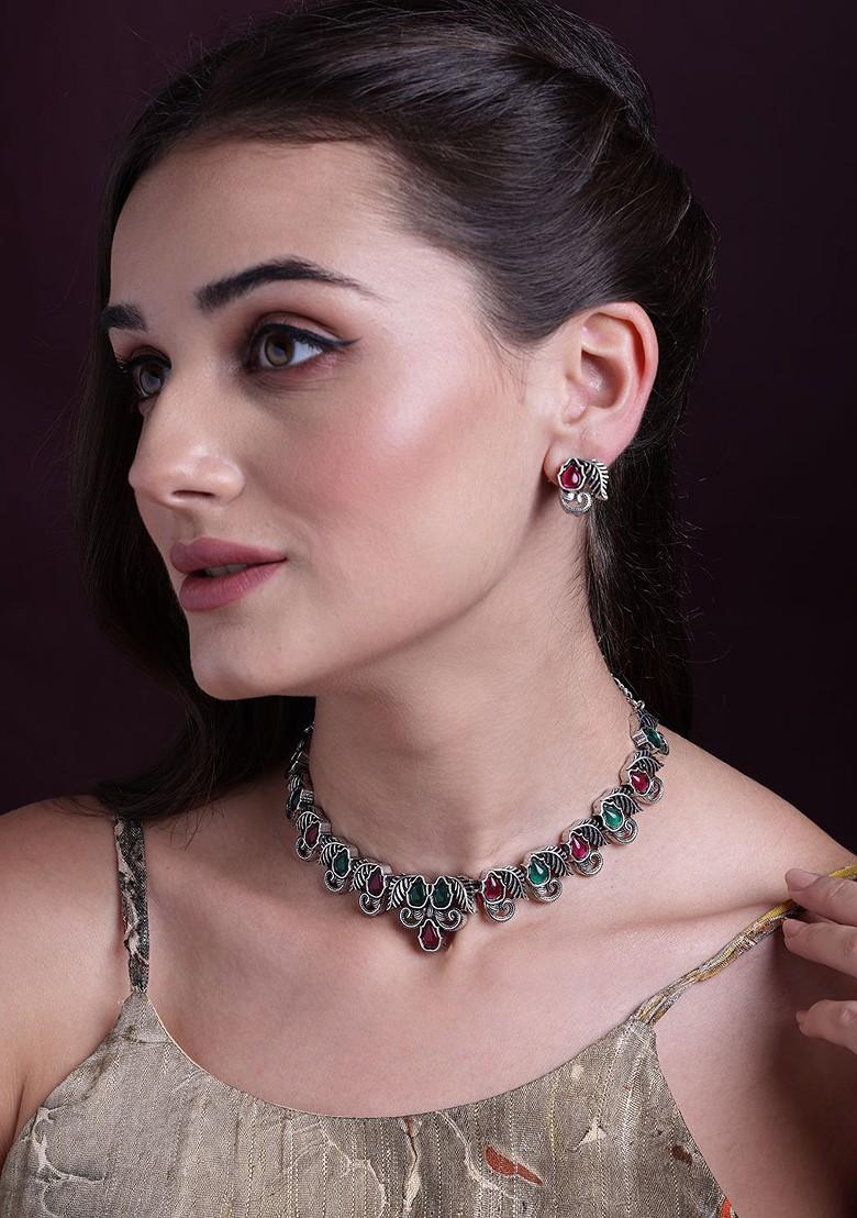 Silver Silver Plated Stone Studded Jewellery Set