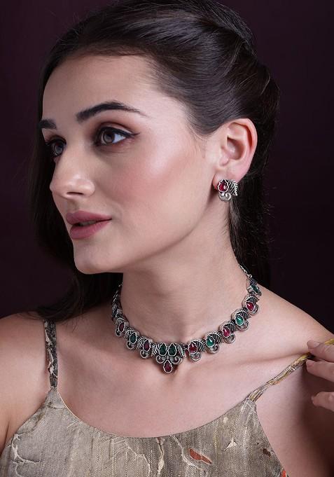 Silver Silver Plated Stone Studded Jewellery Set