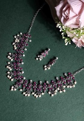 Silver Silver Plated Cz Stone Studded And Beaded Necklace And Earrings