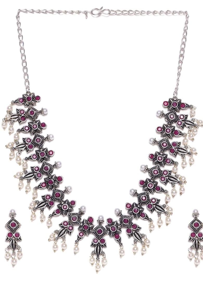 Silver Silver Plated Cz Stone Studded And Beaded Necklace And Earrings