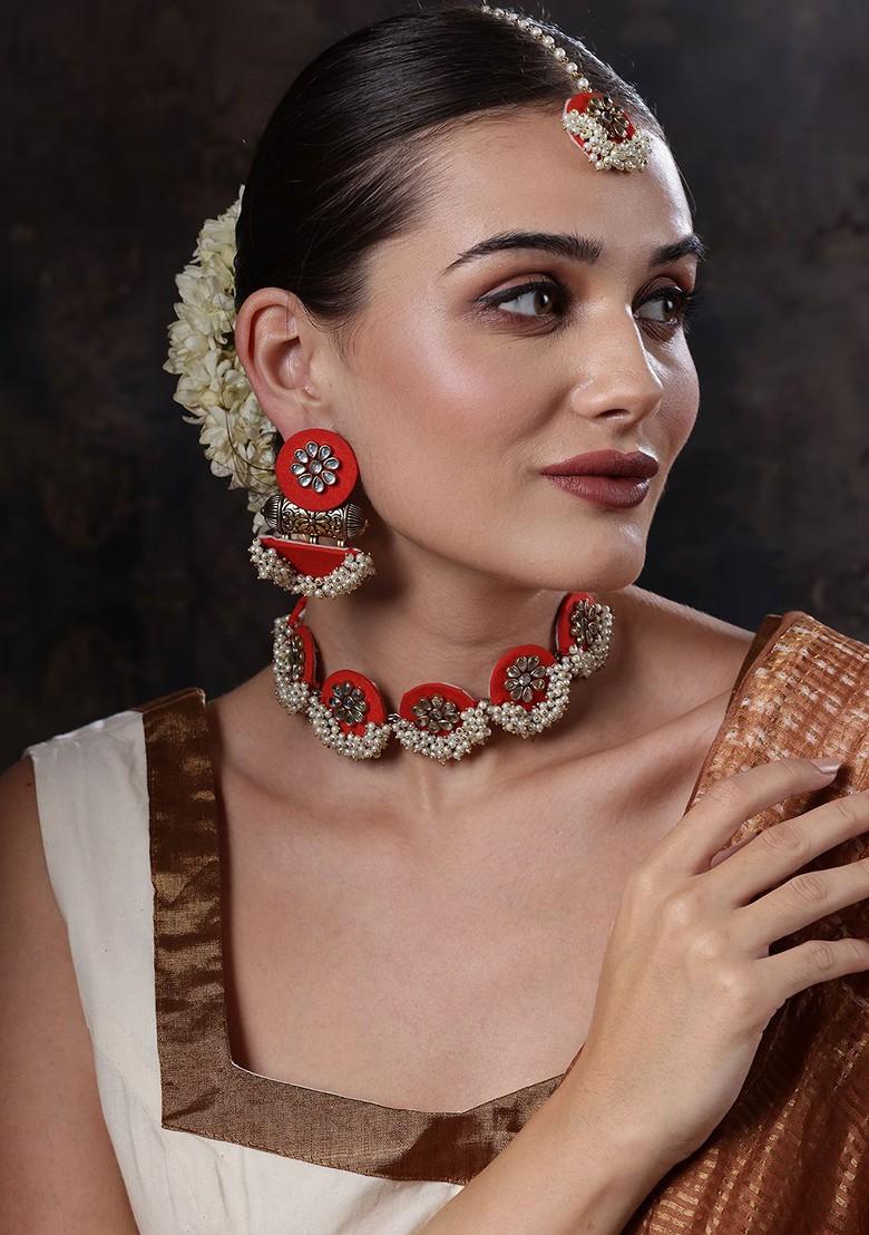 Gold Plated Kundan Studded And Beaded Necklace And Earrings With Maang Tika