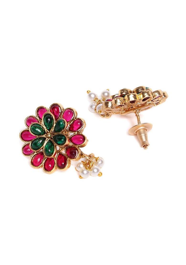 Gold Plated Stones Studded And Beaded Necklace And Earrings