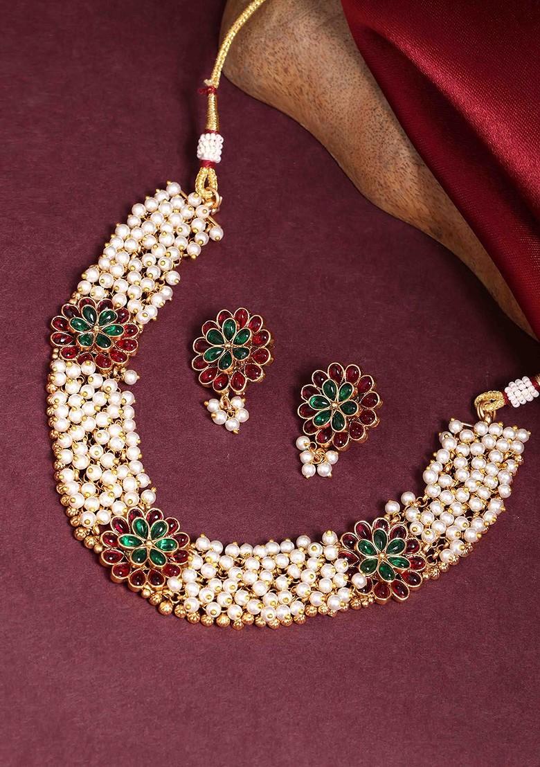 Gold Plated Stones Studded And Beaded Necklace And Earrings
