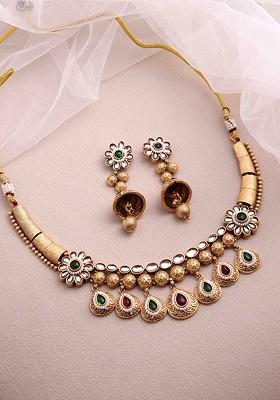 Gold Plated Stone Studded And Beaded Necklace And Earrings