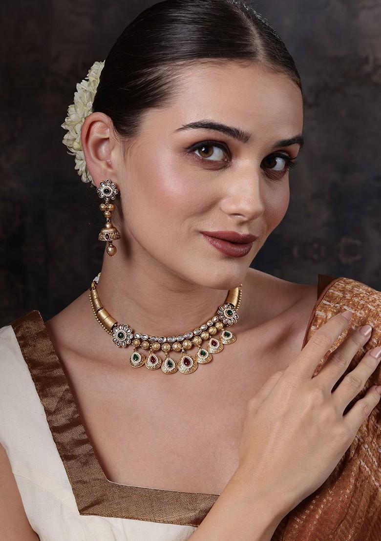 Gold Plated Stone Studded And Beaded Necklace And Earrings